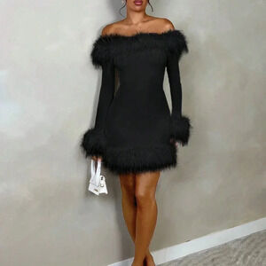 Black Party Women's Off Shoulder Long Sleeve Fitted Dress With Furry Decor